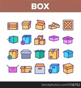 Box Carton Package Collection Icons Set Vector Thin Line. Wooden And Cardboard, Opened And Closed Box, Object For Storage And Delivery Concept Linear Pictograms. Color Contour Illustrations. Box Carton Package Collection Icons Set Vector
