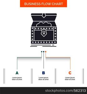Box, chest, gold, reward, treasure Business Flow Chart Design with 3 Steps. Glyph Icon For Presentation Background Template Place for text.. Vector EPS10 Abstract Template background
