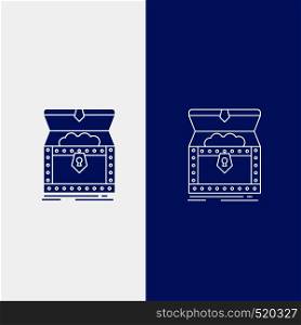 Box, chest, gold, reward, treasure Line and Glyph web Button in Blue color Vertical Banner for UI and UX, website or mobile application. Vector EPS10 Abstract Template background