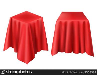 Box covered with red cloth. Vector realistic template of cube hidden under silk veil or curtain for presentation, opening surprise, gift isolated on white background. Vector realistic box covered with red cloth