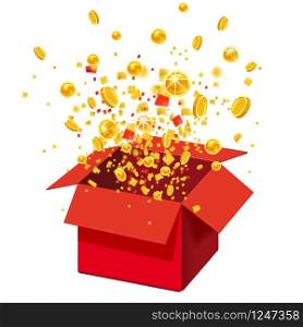 Box Exploision, Blast. Open Red Gift Box and Confetti. Box With Coins Exploision, Blast. Open Red Gift Box and Confetti. Win, lottery, quiz. Vector Illustration. Isolated, Template