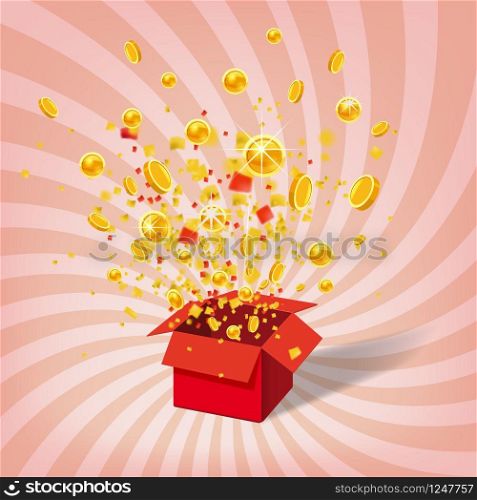 Box Exploision, Blast. Open Red Gift Box and Confetti. Box With Coins Exploision, Blast. Open Red Gift Box and Confetti. Win, casino, lottery, quiz. Spiral Stripes Background. Vector Illustration. Isolated, Template