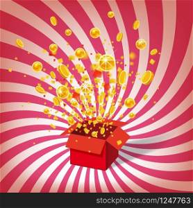 Box Exploision, Blast. Open Red Gift Box and Confetti. Box With Coins Exploision, Blast. Open Red Gift Box and Confetti. Win, casino, lottery, quiz. Spiral Stripes Background. Vector Illustration. Isolated, Template