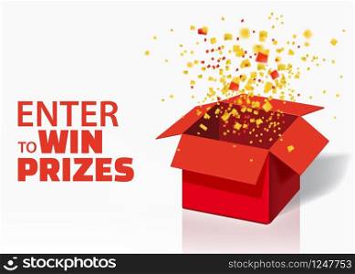 Box Exploision, Blast. Open Red Gift Box and Confetti. Enter to Win Prizes. Box Exploision, Blast. Open Red Gift Box and Confetti. Enter to Win Prizes. Win, lottery, quiz. Vector Illustration. Isolated, Template