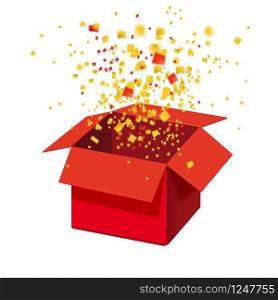 Box Exploision, Blast. Open Red Gift Box and Confetti. Enter to Win Prizes. Box Exploision, Blast. Open Red Gift Box and Confetti. Enter to Win Prizes. Win, lottery, quiz. Vector Illustration. Isolated, Template