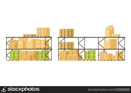Box Freight Load and Goods on Shelf in Warehouse. Green Tank, Wooden and Cardboard, Carton Package, Tray, Pallet in Storage. Weight Laying in Depot Board. Flat Cartoon Vector Illustration. Box Freight Load and Goods on Shelf in Warehouse