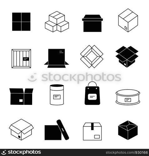 Box icons. Cardboard packages envelopes mail stack vector symbols isolated. Illustration of cardboard box, stack packaging. Box icons. Cardboard packages envelopes mail stack vector symbols isolated