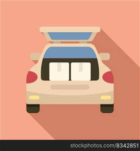 Box in car trunk icon flat vector. Travel back. Auto trip bag. Box in car trunk icon flat vector. Travel back