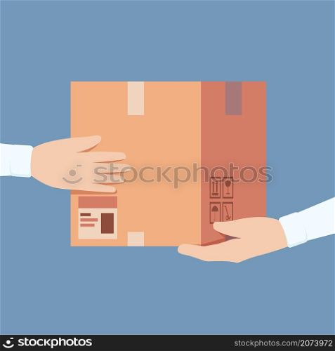 Box in hands. Shipping packages delivery containers in hand postal symbols garish vector concept. Box delivery, courier with box mail pack illustration. Box in hands. Shipping packages delivery containers in hand postal symbols garish vector concept