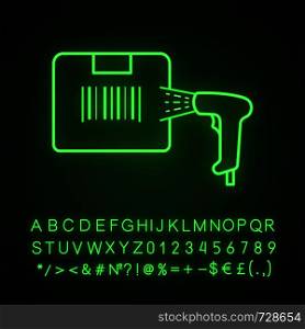Box label scanning with barcode scanner neon light icon. Parcel bar code identification. Bar code handheld reader. Delivery service. Glowing sign with alphabet, numbers. Vector isolated illustration. Box label scanning with barcode scanner neon light icon