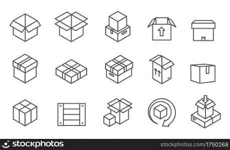Box line icons. Cardboard boxes, mailing package with arrows. Delivery crate or cargo, product parcel. Shipping interface vector signs set. Carton package and parcel, transportation cargo illustration. Box line icons. Cardboard boxes, mailing package with arrows. Delivery crate or cargo, product parcel. Shipping interface vector signs set