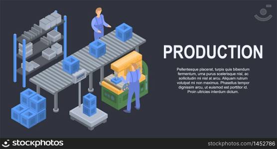 Box line production concept banner. Isometric illustration of box line production vector concept banner for web design. Box line production concept banner, isometric style