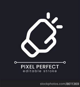 Box match pixel perfect white linear ui icon for dark theme. Glove for professional fighter. Vector line pictogram. Isolated user interface symbol for night mode. Editable stroke. Poppins font used. Box match pixel perfect white linear ui icon for dark theme