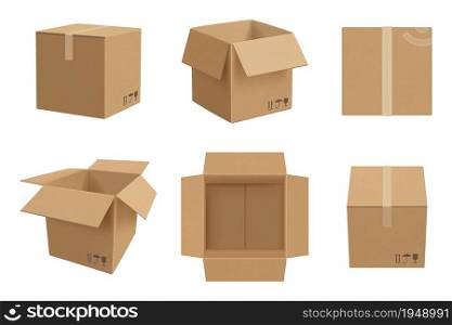 Box mockup. Open and closed cardboard package vector realistic template. Illustration realistic cardboard and packaging empty. Box mockup. Open and closed cardboard package vector realistic template
