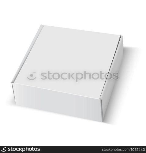 Box mockup. White cardboard package square blank. 3d carton paper closed template design isolated. Fast restaurant food delivery container illustration. Editable rectangle shape gift packaging. Box mockup. White cardboard package square blank
