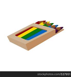 Box of colored pencils icon in cartoon style on a white background. Box of colored pencils icon, cartoon style