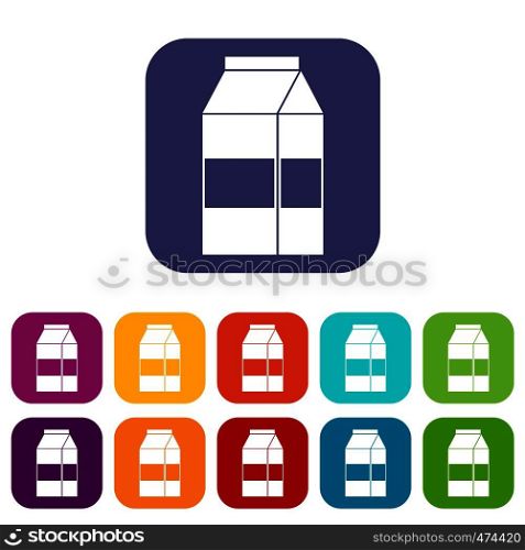 Box of milk icons set vector illustration in flat style In colors red, blue, green and other. Box of milk icons set