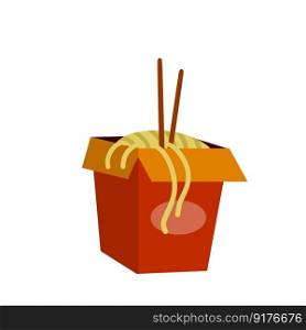 Box of noodles. Asian fast food with chopsticks. Red packaging of macaroni. Japanese and Chinese junk street food. Flat cartoon illustration. Box of noodles. Japanese and Chinese food