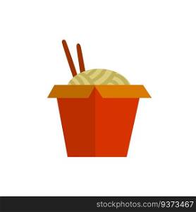 Box of noodles. Asian fast food with chopsticks. Red packaging of macaroni. Japanese and Chinese junk street food. Flat cartoon illustration. Box of noodles. Asian fast food with chopsticks.