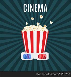 box of popcorn and 3d cinema glasses. Vector illustration in flat style. box of popcorn and 3d cinema glasses