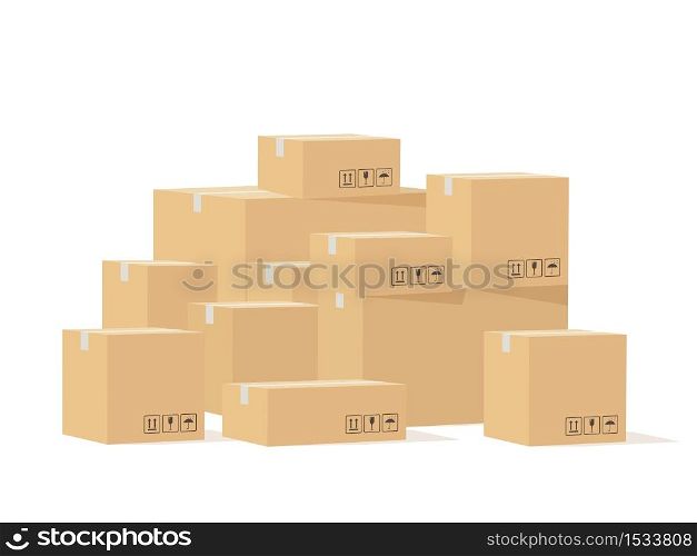 Box pile. Cardboard boxes different size with fragile signs, shipping goods carton package, stockpile cargo storage, industry shipment, delivery vector isolated concept. Box pile. Cardboard boxes different size with fragile signs, shipping goods carton package, stockpile cargo storage, delivery vector concept