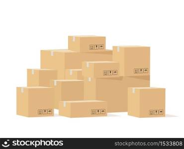 Box pile. Cardboard boxes different size with fragile signs, shipping goods carton package, stockpile cargo storage, industry shipment, delivery vector isolated concept. Box pile. Cardboard boxes different size with fragile signs, shipping goods carton package, stockpile cargo storage, delivery vector concept