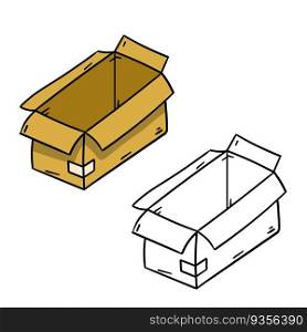 Box. Set of cardboard containers. Objects for packing and moving. Empty package. Parcel and mail. Hand drawn illustration. Box. Set of cardboard containers.