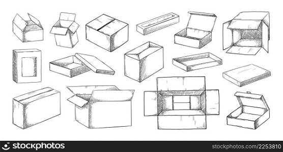 Box sketch. Hand drawn cardboard cargo package. Open and closed paper post mail parcel. Product carton wrappers. Empty merchandise recycling packaging. Vector isolated engraving square containers set. Box sketch. Hand drawn cardboard cargo package. Open and closed paper post mail parcel. Product carton wrappers. Merchandise recycling packaging. Vector isolated engraving containers set