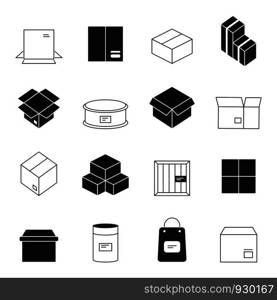 Box symbols. Wooden and cardboard stack export boxes opened and closed vector simple icon set. Illustration black white container packaging, package and parcel. Box symbols. Wooden and cardboard stack export boxes opened and closed vector simple icon set
