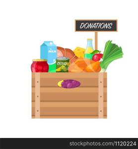 Box with food donations on white background.