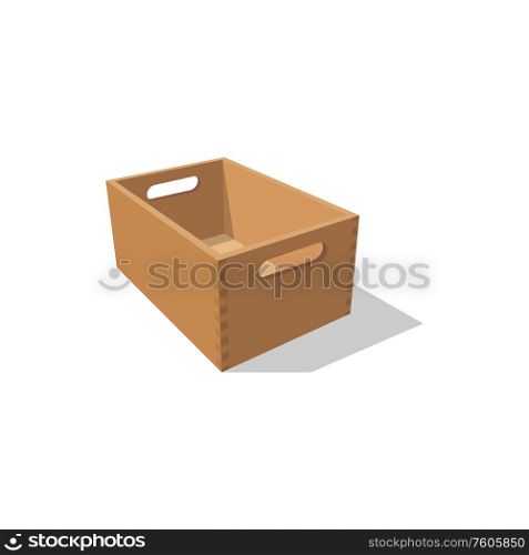 Box with handles to carry grocery goods isolated. Vector wooden distribution packaging. Wooden crate box with handles to carry products