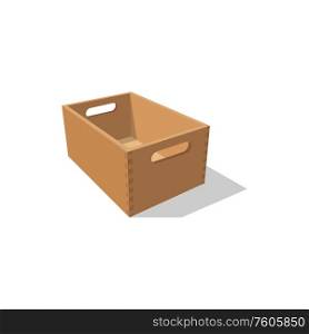 Box with handles to carry grocery goods isolated. Vector wooden distribution packaging. Wooden crate box with handles to carry products