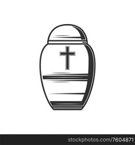 Box with human dust isolated vector funeral urn. Vector monochrome burial vase. Urn with ash isolated antique box with human dust