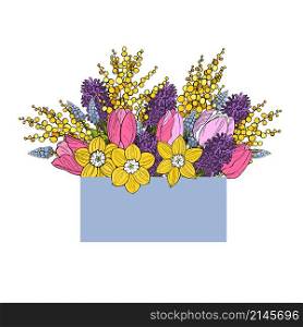 Box with spring flowers. Tulips and hyacinths. Vector sketch illustration.. Box with spring flowers.