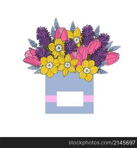 Box with spring flowers. Tulips and hyacinths. Vector sketch illustration.. Box with spring flowers.