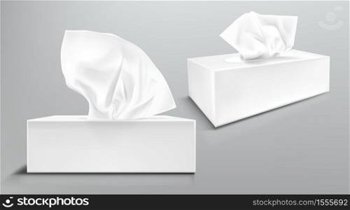 Box with white paper napkins front and angle view. Vector realistic mockup of blank cardboard package with facial tissues or handkerchiefs isolated on gray background. Box with white paper napkins, facial tissues