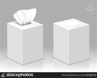 Box with white paper napkins. Vector realistic mockup of blank open and closed cardboard package with facial tissues or handkerchiefs isolated on transparent background. Open and closed box with white paper napkins