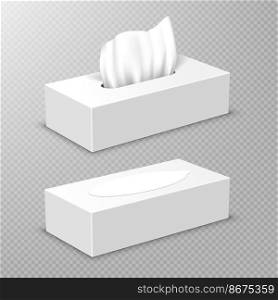Box with white paper napkins. Vector realistic mockup of blank open and closed cardboard package with facial tissues or handkerchiefs, angle view isolated on transparent background. Open and closed box with white paper napkins