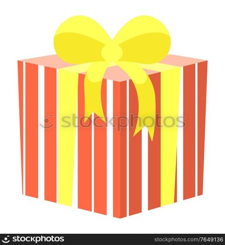Box with wrapping paper and ribbon bow. Isolated icon of gift with yellow tape. Container wrapped in line print with red. Celebration of birthday or anniversary. Holidays greeting vector in flat. Present in Box, Container with Ribbon Bow Vector