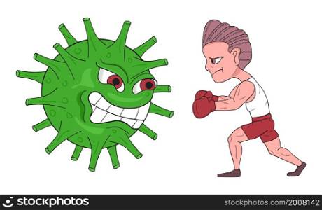 Boxer fight against danger virus. Coronavirus microbes vector in cartoon style. Angry covid-19 virus is attacking.. Boxer fight against danger virus. Coronavirus microbes vector in cartoon style.