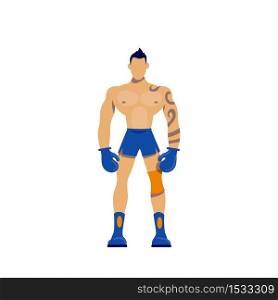 Boxer flat color vector faceless character. Sportsman with tattoos. Muscular man with fit body. Physical wellbeing isolated cartoon illustration for web graphic design and animation. Boxer flat color vector faceless character
