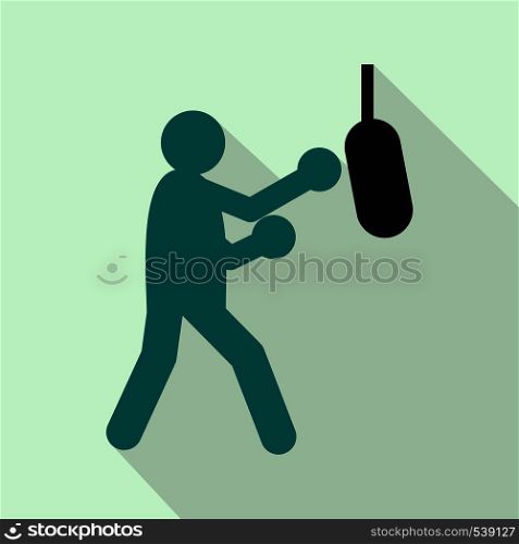 Boxer hitting the punching bag icon in flat style on a light blue background. Boxer hitting the punching bag icon, flat style