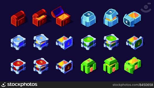 Boxes 3d. Steel and wooden chest cardboard containers for surprise garish vector isometric boxes in cartoon style. Box gift icon app. Boxes 3d. Steel and wooden chest cardboard containers for surprise garish vector isometric boxes in cartoon style