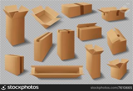 Boxes, cardboard cases, realistic carton package, vector, delivery packs, 3d isolated storage mockups. Warehouse shipping cardboard boxes and parcel cases, open and closed carton packs, containers. Boxes, cardboard cases, realistic carton packages