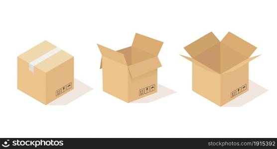 Boxes carton. Opened and closed cardboard box, beige delivery packaging angle view. Cardboard square pack cargo warehouse product container. Empty parcel in row vector isolated on white background set. Boxes carton. Opened and closed cardboard box, beige delivery packaging angle view. Cardboard square pack cargo warehouse product container. Empty parcel in row vector isolated set