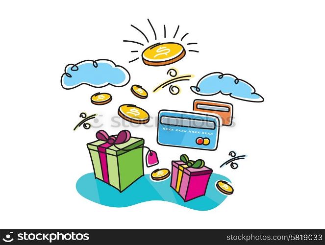 Boxes gifts shopping interest payment cards and coins with image of dollar cartoon design style. Internet shopping concept