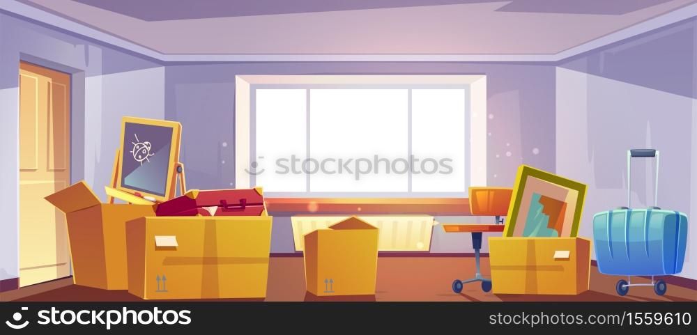 Boxes in room, move to new house concept. Home with cardboard containers full of household stuff, furniture, kids things and luggage, apartment interior with large window, Cartoon vector illustration. Boxes in room, move to new house apartment concept