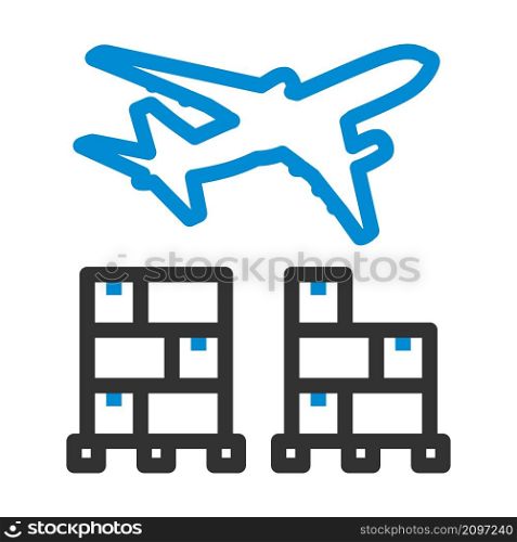Boxes On Pallet Under Airplane. Editable Bold Outline With Color Fill Design. Vector Illustration.