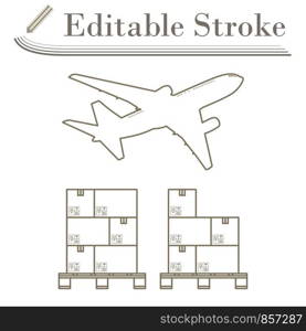 Boxes On Pallet Under Airplane. Editable Stroke Simple Design. Vector Illustration.