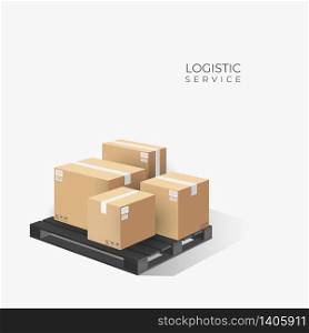 Boxes on wooden pallet. Cardboard parcel box with warehouse. logistic concept. 3d perspective illustration